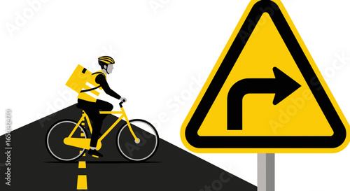Careful Rider Approaching A Right Turn Sign With Cycling Delivery Services
