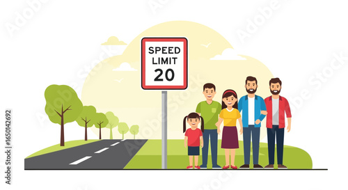 Cartoon Family Near Speed Limit Sign On The Road For Road Trip Safety