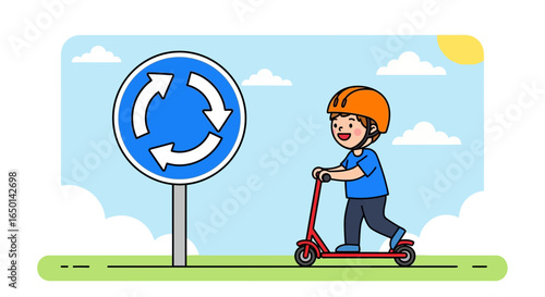 Cartoon Boy Rides Scooter Past Roundabout Sign In A Sunny Climate