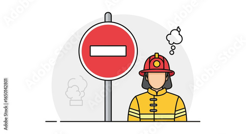 Cartoon Firefighter Facing Road Closed Sign Representing Challenges and Obstacles