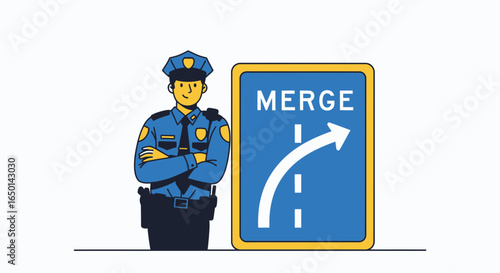 Cartoon Policeman Stands Alert Next To A Merge Road Sign Illustration