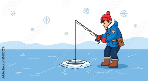 Cartoonish Young Man Enjoying The Serenity Of Ice Fishing In Winter Season