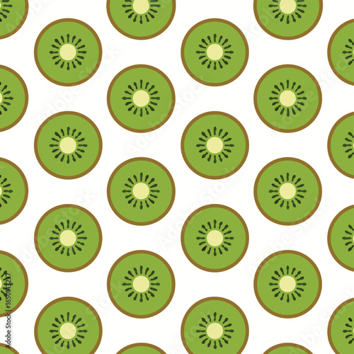 Seamless pattern with green kiwi fruit slices on a white background.