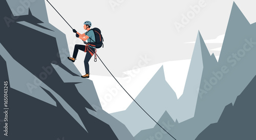 Challenging Mountain Climb With Rope Equipment For Sport And Adventure
