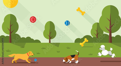 Cheerful Dogs Playing Catch on Sunny Day in the Park Illustration