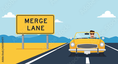 Cheerful Man Driving A Vintage Car On A Road Near A Merge Lane Sign