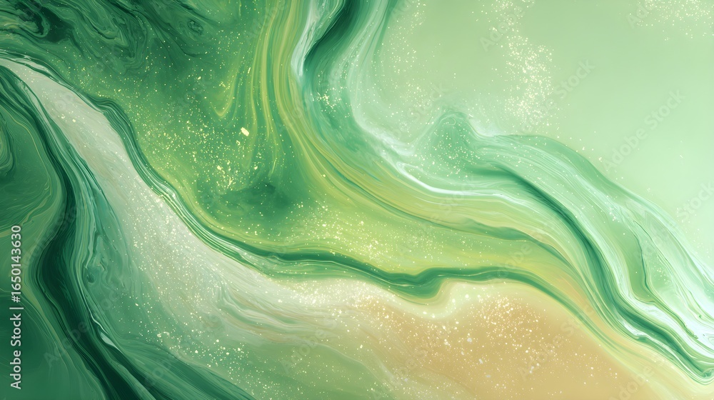 Naklejka premium Vibrant Abstract Green and Gold Fluid Art Background with Swirling Marble Texture and Shimmering Glitter
