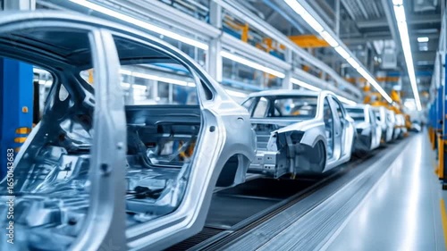 Silver Car Bodies on Automated Assembly Line in a Factory with Bright Lighting and Blue Accents Automotive Manufacturing Industry