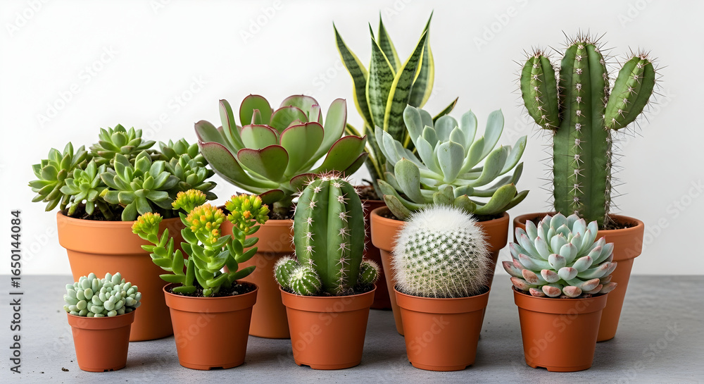 Obraz premium Assorted Green Succulents and Cacti in Terracotta Pots on Gray Surface