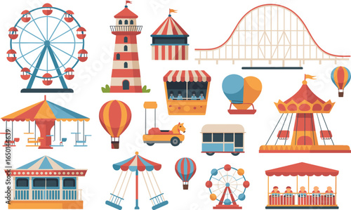 Amusement park rides, ferris wheel, carousel, roller coaster, swing ride, hot air balloon, carnival 