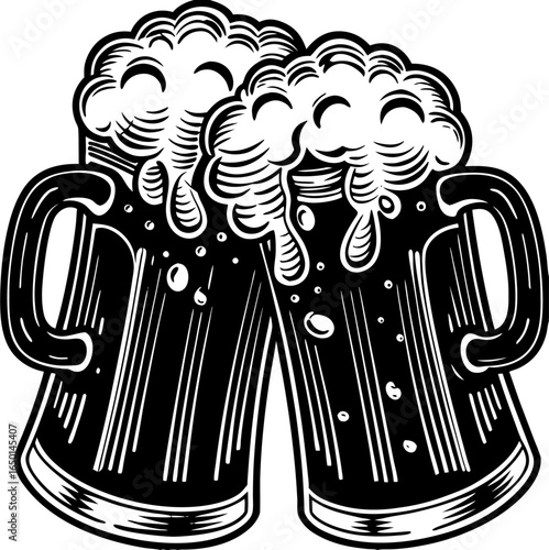 Cheers of Friendship: A captivating illustration showcases two overflowing mugs of rich, dark beer clinking together, symbolizing camaraderie and celebration in a vintage engraving style.