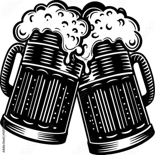 Cheers to good times! A classic illustration of two beer mugs clinking in a celebratory toast, overflowing with frothy goodness, embodying the spirit of camaraderie and shared moments. 