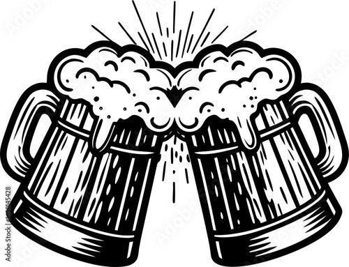Cheers to Celebration: A stylized illustration captures the spirit of revelry with two overflowing beer mugs clinking together, surrounded by radiating lines symbolizing joy and togetherness.