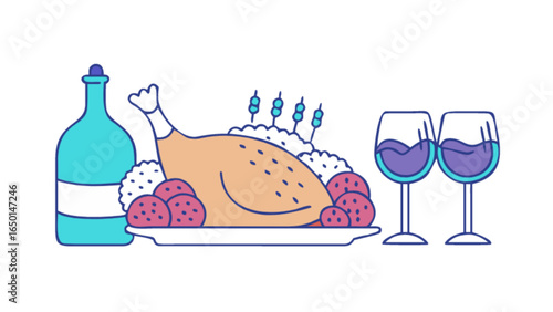 Festive dinner illustration featuring a turkey wine bottle and two wine glasses in a simple design