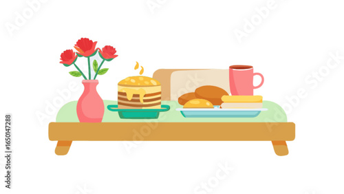 Breakfast tray with pancakes bread butter coffee and a vase of roses in a minimalist style
