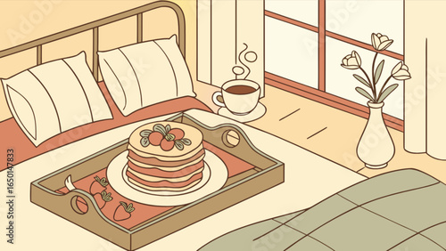 Breakfast in bed scene featuring pancakes, coffee, flowers, and strawberries on a tray in a bedroom setting