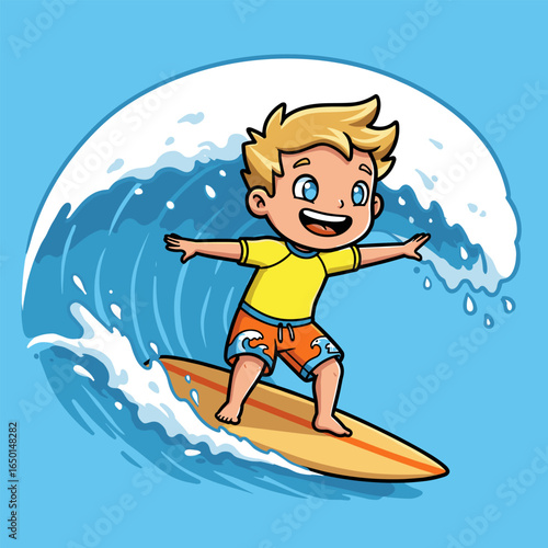 Cartoon child surfing a big wave with joyful expression, wearing bright beachwear on a yellow board.