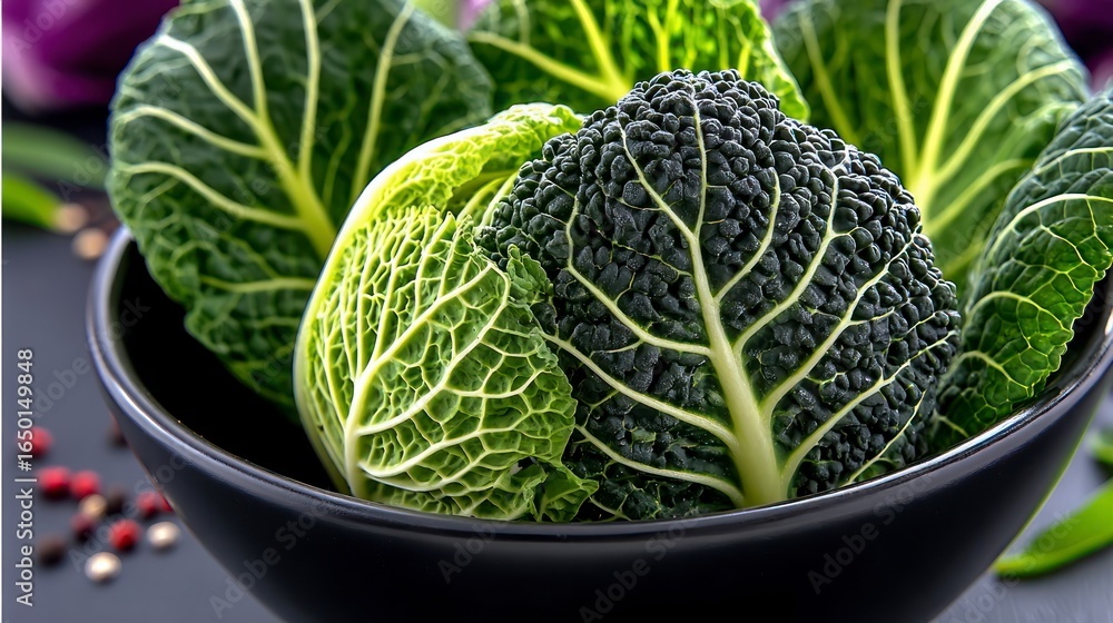 Fototapeta premium Fresh green savoy cabbage leaves in a black bowl with peppercorns vegetable