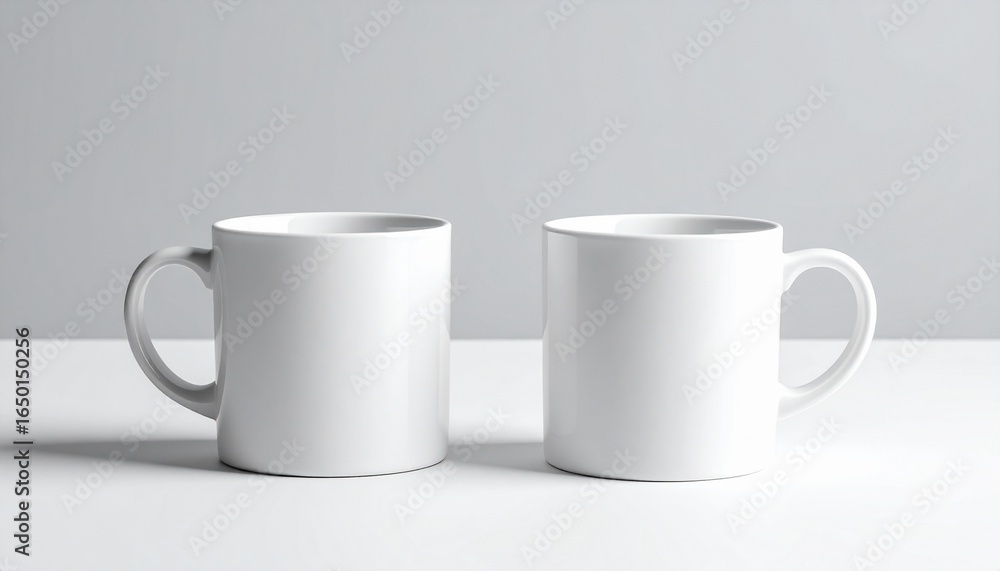 Fototapeta premium 小さなセラミックカップ2個が、グレーからホワイトに変化するニュートラルなマットグラデーション背景に配置されています。