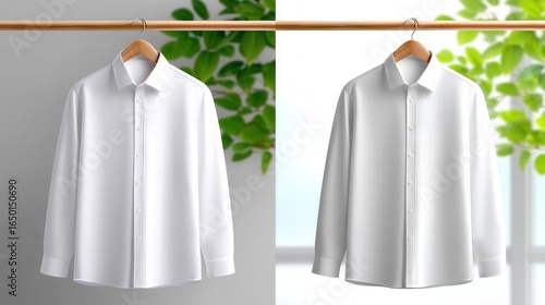 Two identical white dress shirts hanging with greenery in the background.
