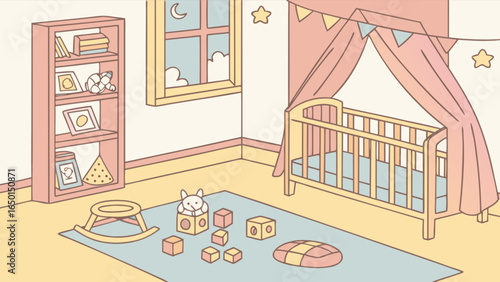 Illustration of a baby room with a crib, bookshelf, window and toys on a blue rug design