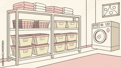 A laundry room with shelves containing towels and storage boxes next to a washing machine and artwork