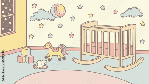 Illustration of a nursery room with a crib, rocking horse, blocks, and star decorations on the wall