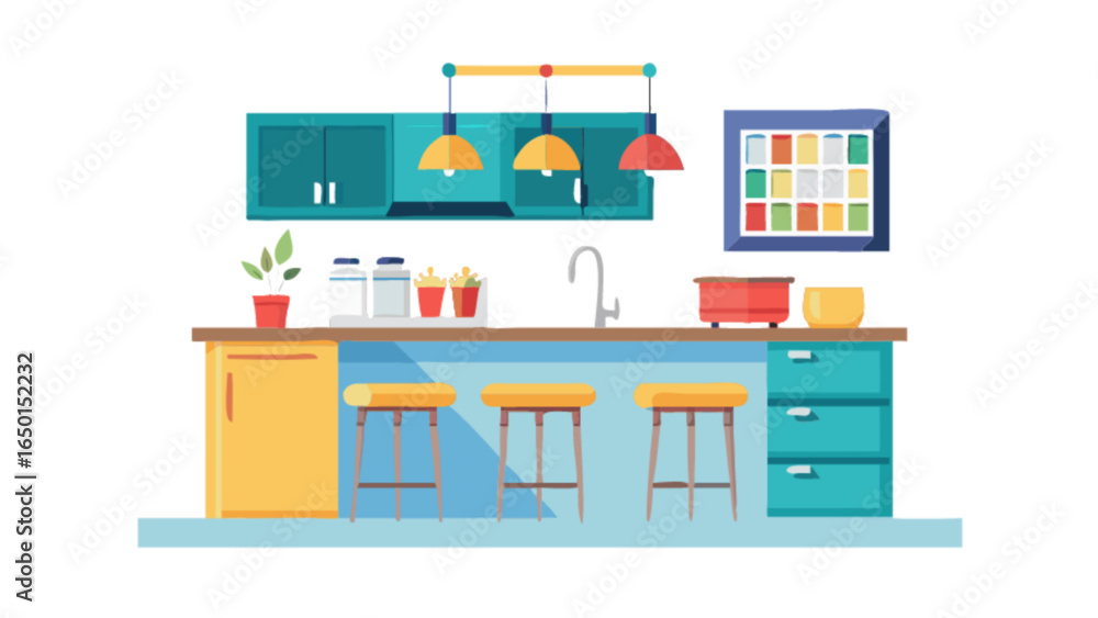 Fototapeta premium Illustration of a kitchen interior with cabinets stools and hanging lights in a flat design style