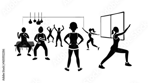Silhouette illustration of a group fitness class with various exercises and poses in a studio setting