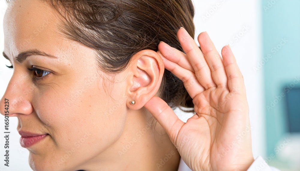 Fototapeta premium Woman holding ear, showing pain or hearing issue.
