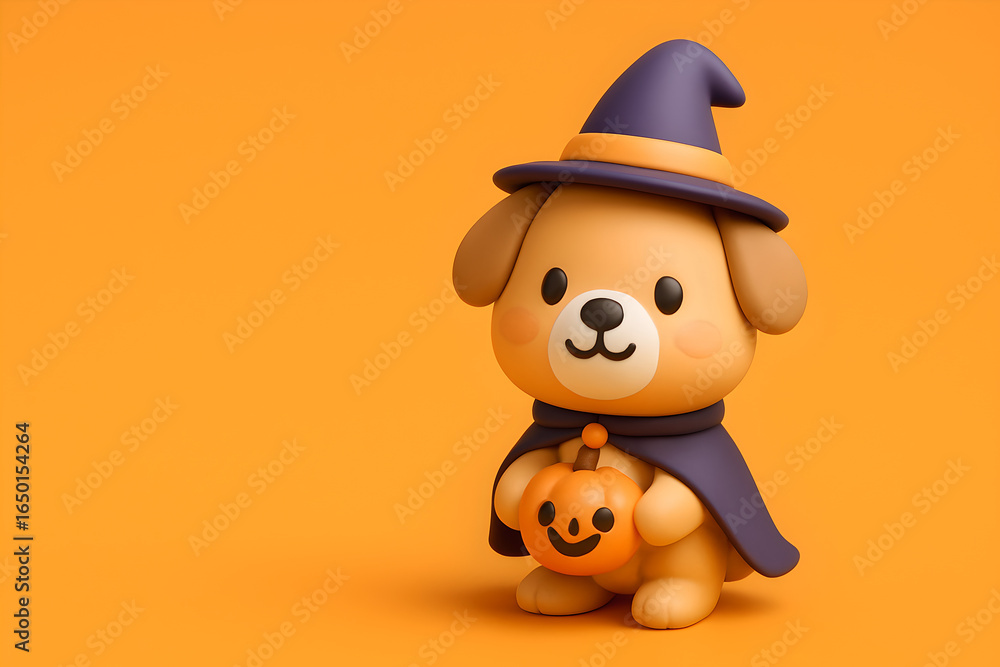 Fototapeta premium Kawaii Cute 3D Halloween Dog with Pumpkin on Orange Background
