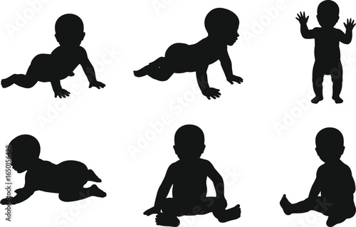 Baby silhouette collection crawling sitting standing, newborn child vector poses, toddler black shapes, infant silhouette set, cute baby positions, child growth stages, parenting illustration design
