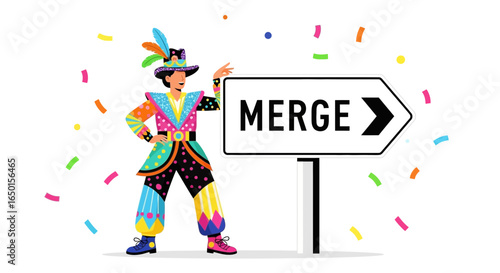 Festive Integration Harlequin Character Showing Merge Direction Signpost Announcement