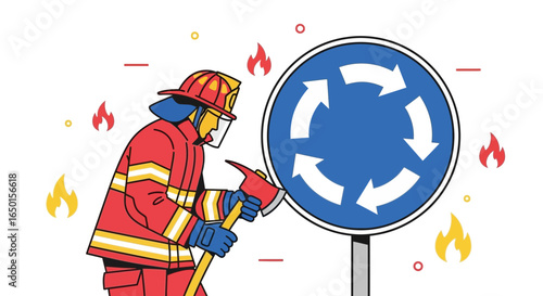 Firefighter Ready To Tackle Circular Roadblock During Emergency Situation