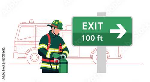 Firefighter Prepares Extinguisher At Emergency Exit Sign Near Firetruck