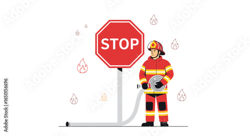 Firefighter Ready To Stop A Fire With A Hose Illustration Design