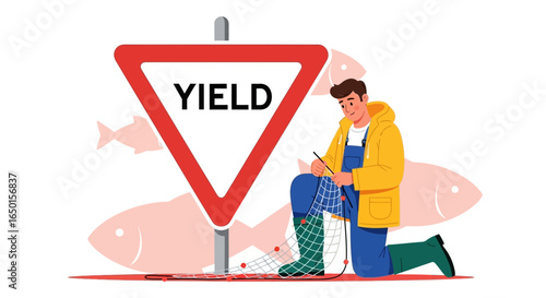 Fisherman Mending Net By Yield Sign An Illustration Of Fishing Culture