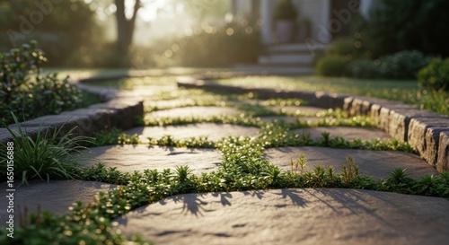 A serene stone path winds through a lush garden, creating a tranquil walkway in a peaceful outdoor landscape with natural sunlight
