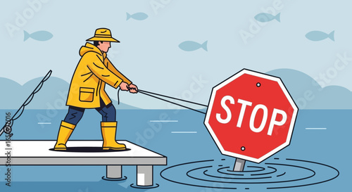 Fisherman Tries To Hook A Stop Sign In The Sea At Fishing Time
