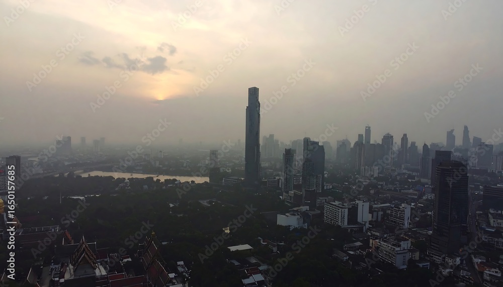Fototapeta premium Cityscape at sunset, hazy atmosphere