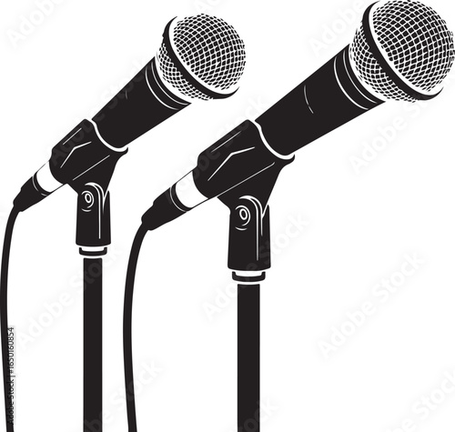 Two black microphones on stands audio sound