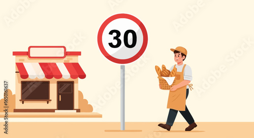 Fresh Baked Goods Delivered Slow At Thirty By The Smiling Baker Vector Illustration