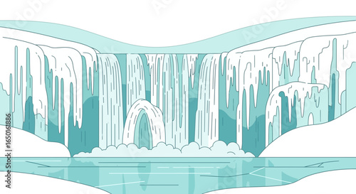 Frozen Waterfall Landscape With Water Cascade Graphic Nature Background Vector Illustration