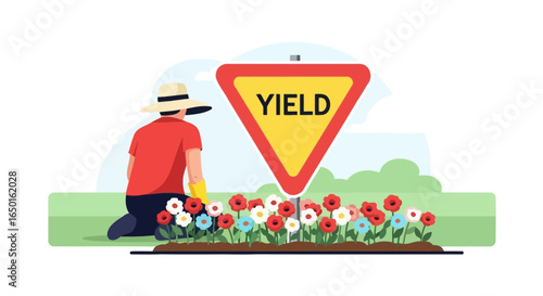 Gardener Cultivating Flowers Near Yield Sign With Caution In the Garden