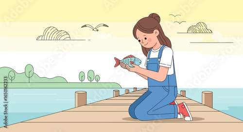 Girl Admiring Caught Fish On Wooden Pier At Sunset Calm Peaceful Moment