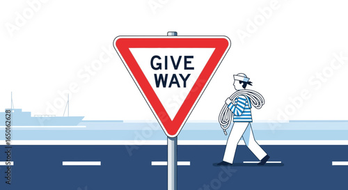 Give Way To The Sea Sailor On The Road Vector Illustration Design