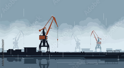 Gloomy Industrial Harbor Scene With Cranes In The Rain Minimalist Vector Style