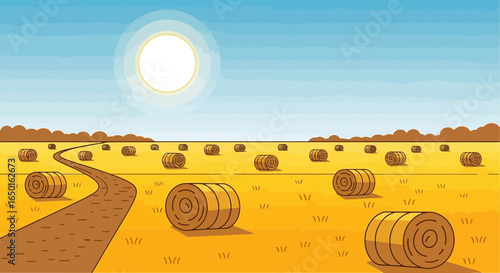Golden Meadow With Hay Bales Rural Road And Sunny Sky Peaceful Countryside