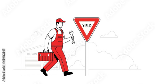 Handyman With Toolbox Near Yield Sign On Roadway Service Availability