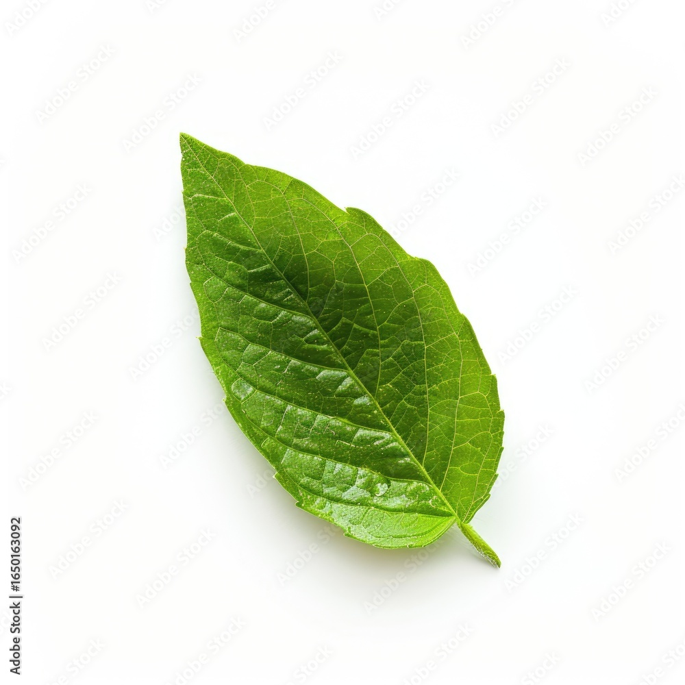 Obraz premium Single vibrant green leaf, slightly oval shape, distinct veins, isolated on white